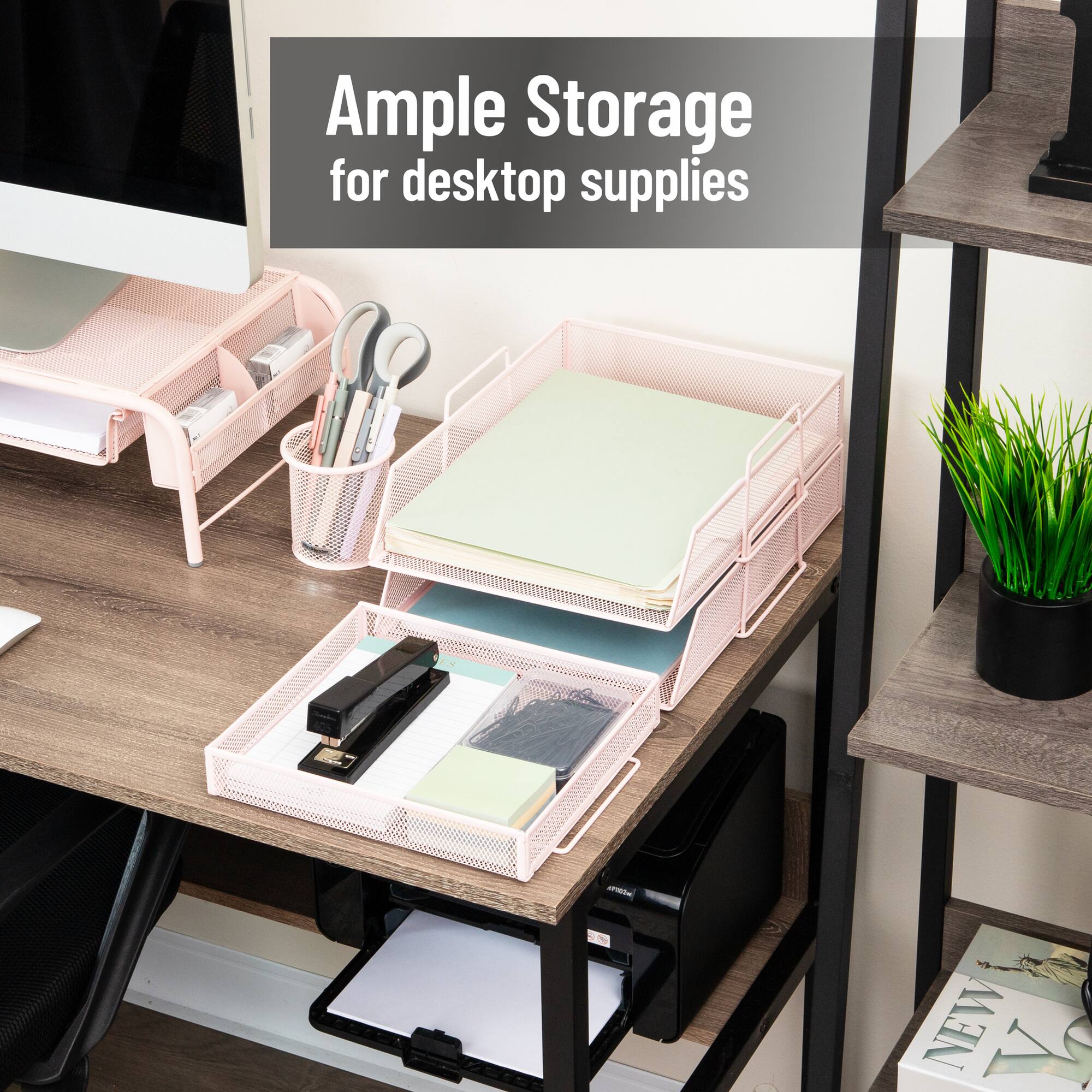 Mind Reader 2 Tier Paper Tray with Top Supply Compartment, Desktop File Organizer, Metal Mesh